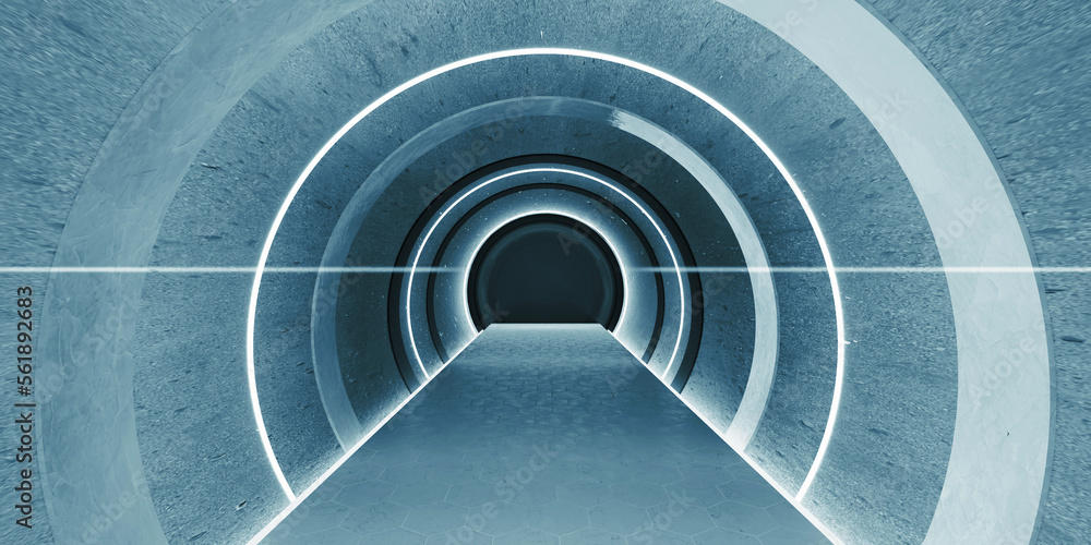 Fototapeta premium Sci Fi Neon Glow Dark Corridor Tube Curved Passage Futuristic Technology Tunnel Spaceship empty tunnel room with glowing neon color background 3d illustration
