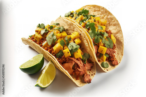 Al pastor pig tacos, a traditional Mexican dish, with pineapple on a white background. Generative AI photo