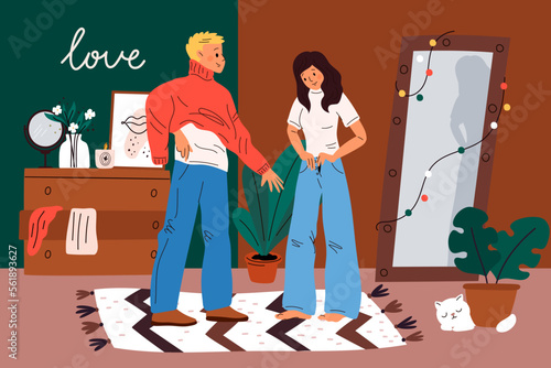 Couple dressing clothes. Cute guy and girl put on warm clothing in hallway interior. People getting ready to go outside. Sweater and jeans. Dressed man and woman. Garish vector concept