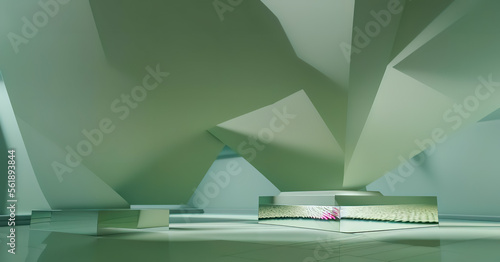 Generative AI 3d rendered illustration with geometric shapes green podium top light platforms for product presentation, with empty space. Abstract composition in modern style 