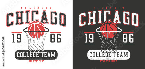 Chicago basketball t-shirt design. College style tee shirt with basketball hoop and ball. Sport apparel print. Vector illustration.
