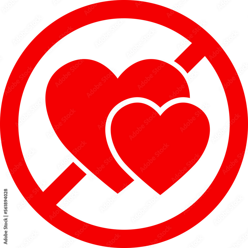 Stop heart sign isolated. Forbidden of love sign. Sign of prohibition of a love. No love icon. Red circle and Heart isolated on white background. Love no entry. Vector illustration.