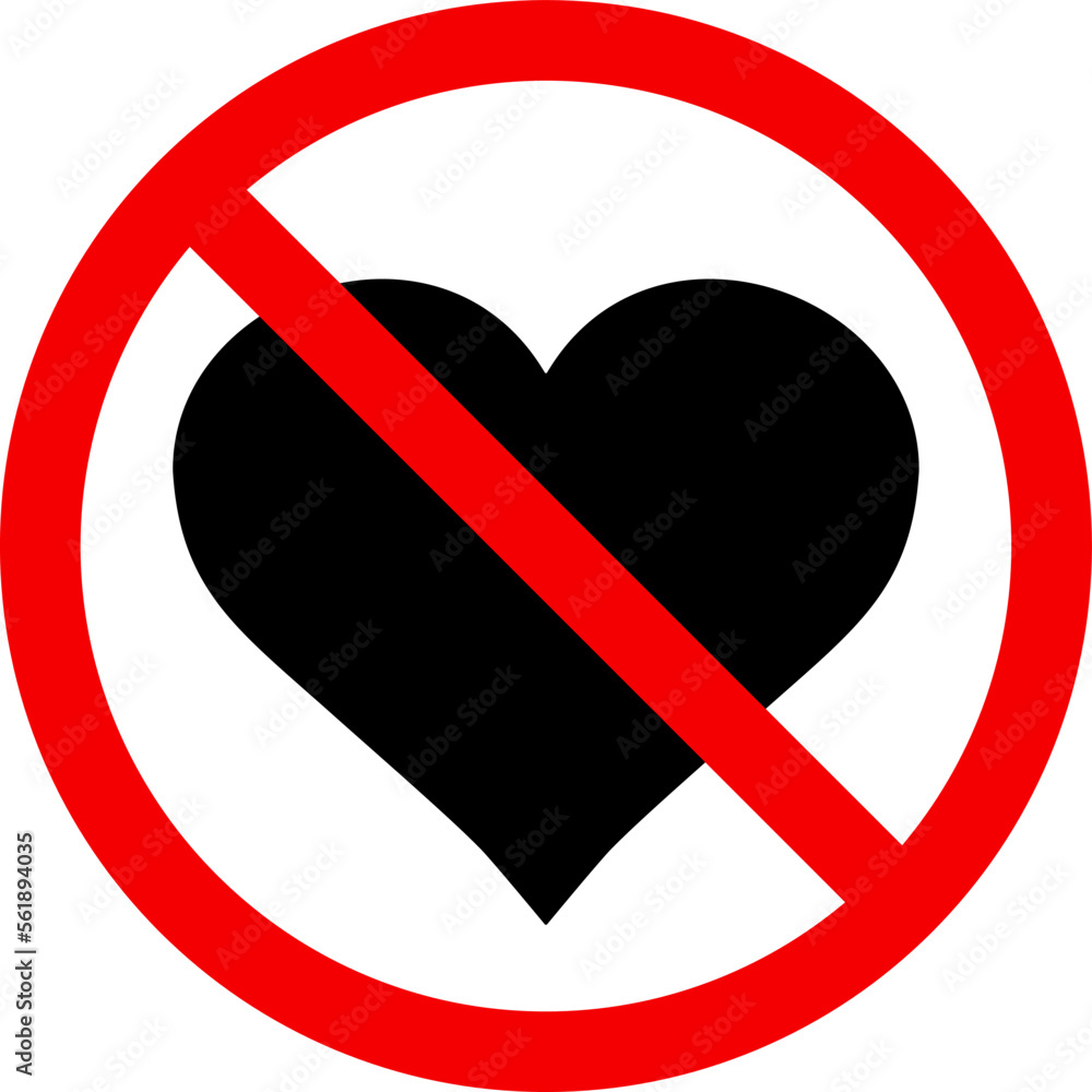 Stop heart sign isolated. Forbidden of love sign. Sign of prohibition of a love. No love icon. Red circle and Heart isolated on white background. Love no entry. Vector illustration. Stop heart sign isolated. Forbidden of love sign. Sign of prohibition of a love. No love icon. Red circle and Heart isolated on white background. Love no entry. Vector illustration.