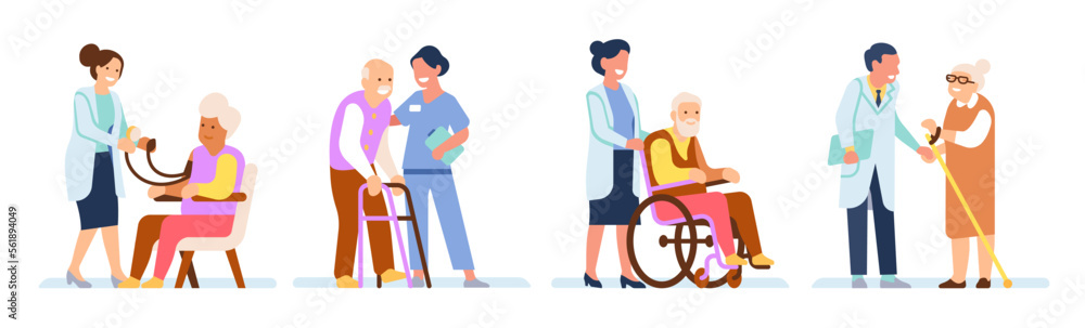 Doctor helps old people. Senior patients assistance. Nurse cares for grandmothers and grandfathers. Grandparents sitting in armchair and walking with cane. Vector happy pensioners set
