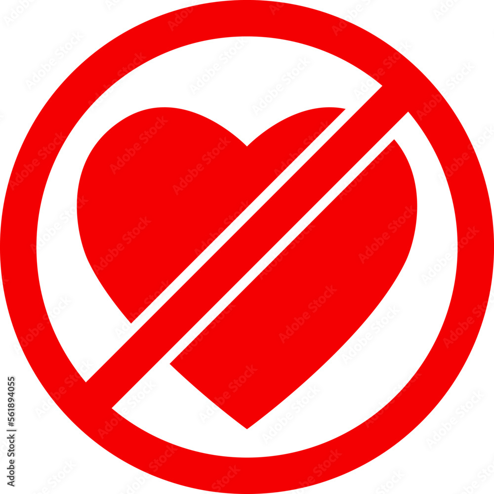 Stop heart sign isolated. Forbidden of love sign. Sign of prohibition of a love. No love icon. Red circle and Heart isolated on white background. Love no entry. Vector illustration. Stop heart sign isolated. Forbidden of love sign. Sign of prohibition of a love. No love icon. Red circle and Heart isolated on white background. Love no entry. Vector illustration.