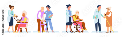 Doctor helps old people. Senior patients assistance. Nurse cares for grandmothers and grandfathers. Grandparents sitting in armchair and walking with cane. Vector happy pensioners set