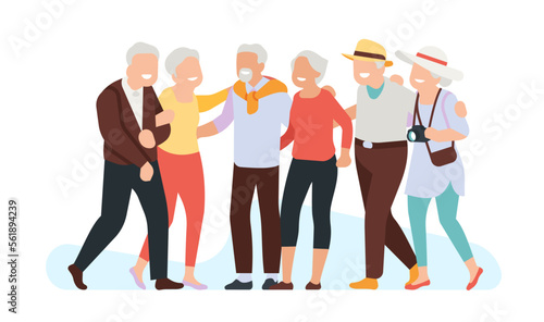 Elderly people standing together. Happy mature friends. Retired men and women hugging. Adult persons meeting. Grandparents friendship. Pensioners leisure. Seniors community. Vector concept
