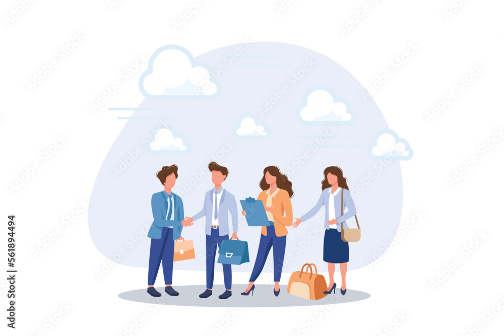 Onboarding new employee, introduce new hire to colleagues, warm welcome to new office, orientation training on first day concept. Flat vector modern illustration - obrazy, fototapety, plakaty 