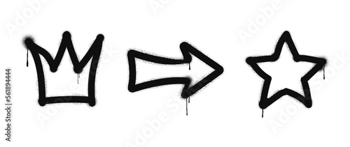 Graffiti drawing symbols set. Painted graffiti spray pattern of arrow, crown and star. Spray paint elements. Street art style illustration. Vector.
