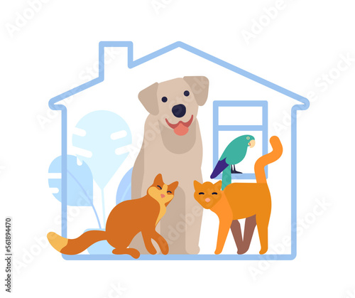 Hotel for domestic animals. Pet shelter. Vet service. Home with dog or cats. Parrot bird. Help to puppy. Care of kittens. Veterinary center. Building house. Kitty adoption. Vector concept
