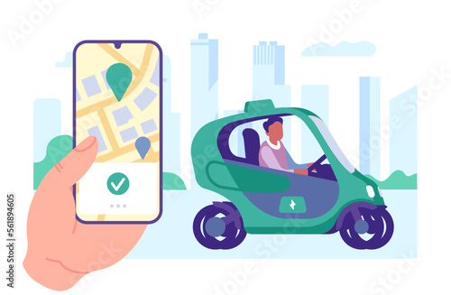 Mobile app to call cab. Eco transport. Electric vehicle. Taxi order digital application. Smartphone in hand. Automobile driving. Phone screen. Map navigation. Traffic route. Vector concept