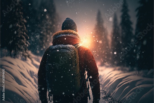 Man hiking through winter snow with light flare, snow storm, hiking trekking, adventure outdoors