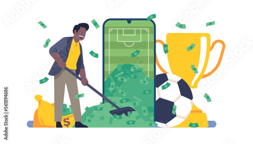Mobile online sports betting app. Soccer game bets. Successful man with cash heaps. Smartphone application. Football championship award. Phone screen and banknotes pile. Vector concept