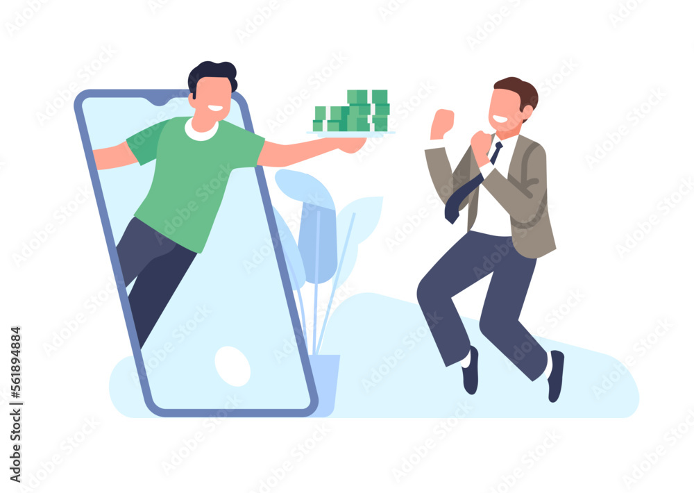 Online banking on your phone. Mobile application. Man giving money to cheerful client. Financial transfer. Successful finance investment. Smartphone screen. Banknote stack. Vector concept