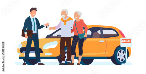 Old man and woman buying automobile. Auto dealer selling car to elderly couple. Transport purchase. Happy grandparents with vehicle. Salesman and aged buyers with key. Vector concept