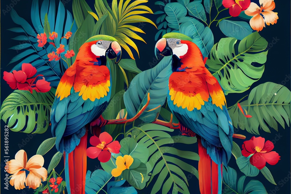 tropical pattern with parrots and flowers in bright colors. Generative AI