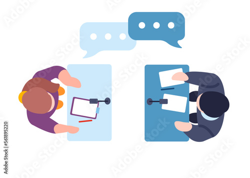 Political party leaders debate in public discussion. People standing at speaker tribunes top view. Politician speech. President or government election. Candidate podiums. Vector concept