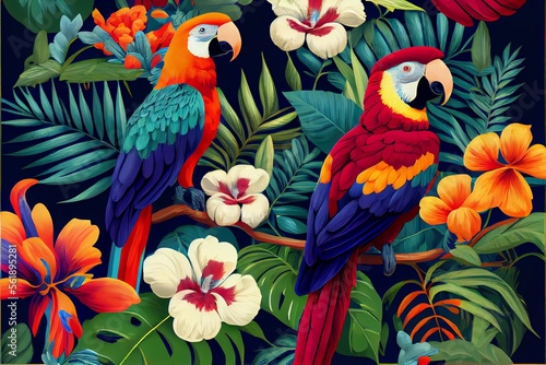 tropical pattern with parrots and flowers in bright colors. Generative AI © Pixel Matrix