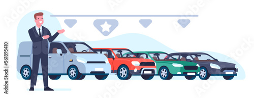 Seller presents cars for sale lease. Businessman selling automobiles. Auto dealer showing transport in dealership salon. Rent vehicle or carsharing. Standing man in suit. Vector concept