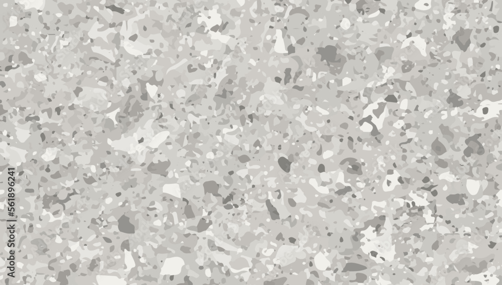 Vector grey stone terrazzo tile texture. Realistic granite wall background. Flooring tile design. Rock mosaic floor, top view. Gray crystal floor structure. Light quartz brick backdrop