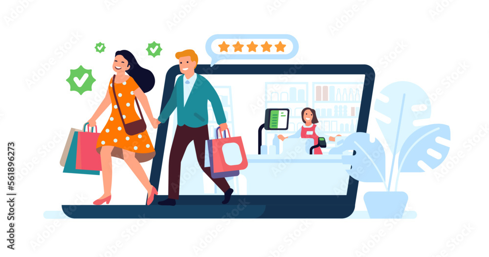 Young couple shopping online. People buying clothes by laptop. Customers making purchases. Computer application. Happy buyers with store bags. Internet shop. Rating stars. Vector concept