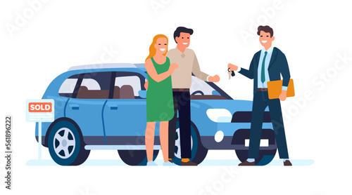 Young couple buying car. Auto dealer selling vehicle to man and woman. Automobile dealership agent talking with clients. Transport purchase. Salesman and buyers with key. Vector concept