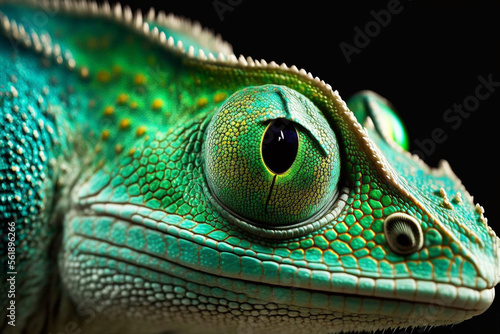 Close-up of a bright green colored chameleon from the side.