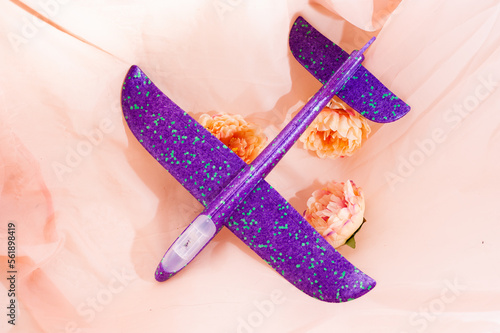 Purple children's plane lies among the flowers. copy space