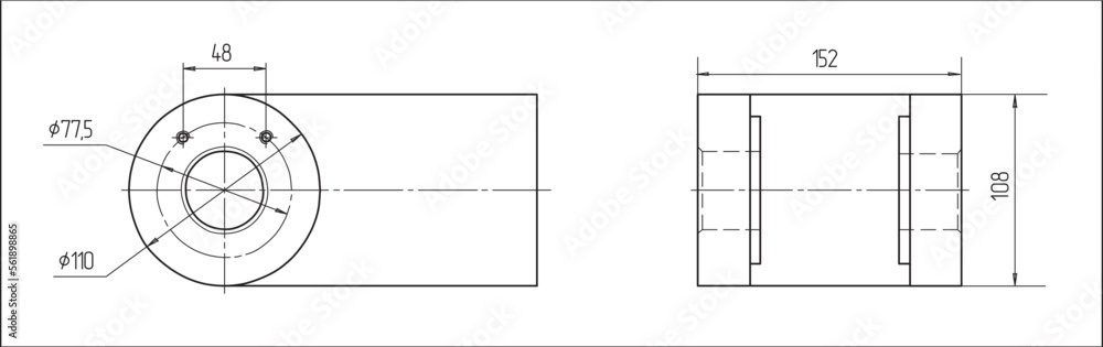 Vector drawing of a steel mechanical part with through holes. Engineering scheme. Vector drawing of a steel mechanical part with through holes. Engineering scheme.