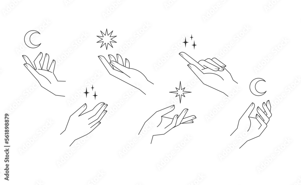 Aesthetic hands vector linear illustrations. Stylized elegant hand drawings with different gestures. Aesthetic hands vector linear illustrations. Stylized elegant hand drawings with different gestures.