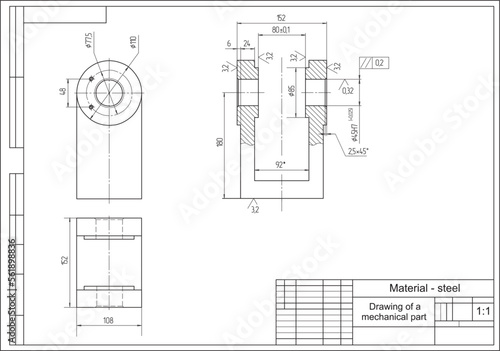 Vector drawing of a steel mechanical part with through holes. Engineering scheme.