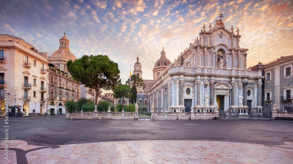 Catania, Sicily, Italy. Cityscape image of Duomo Square in Catania, Sicily with Cathedral of Saint Agatha at sunrise.