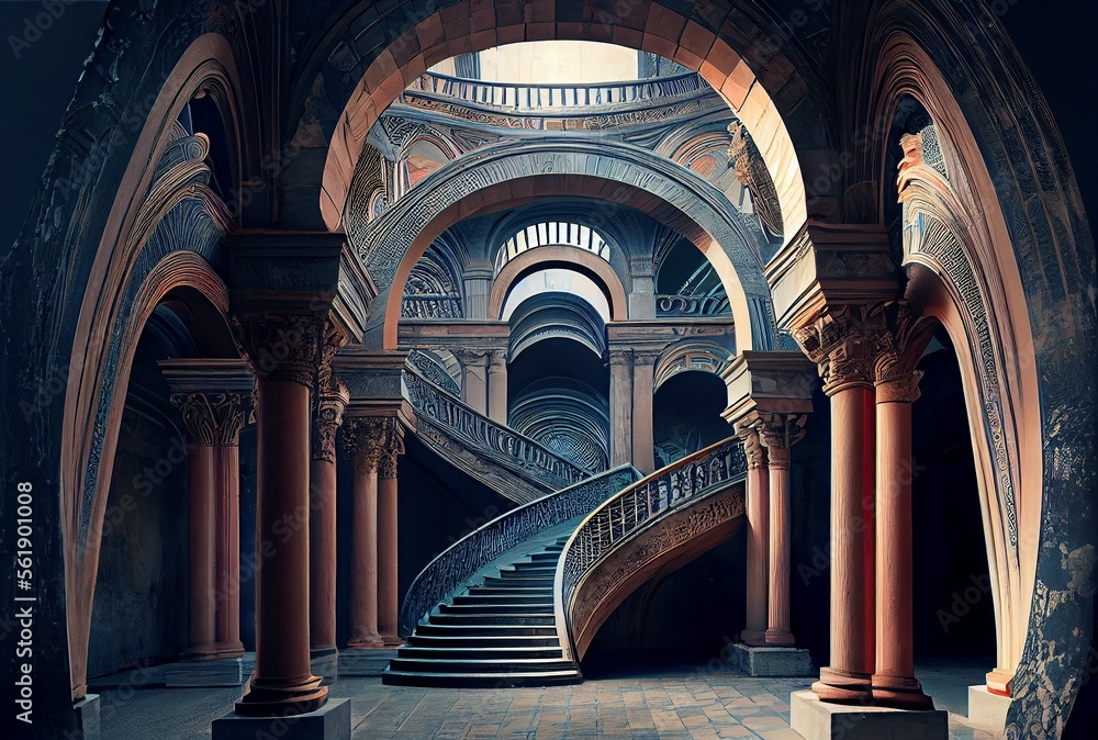 illustration,stairs in a building great architecture,image generated by AI
