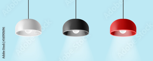 3D hanging lamps for interior and advertising. A set of colored lamps on a light blue background with a ray of light.