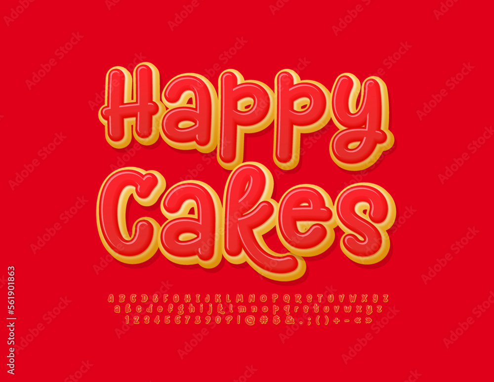 Vector tasty poster Happy Cakes. Playful Red Font. Creative Donut Alphabet Letters and Numbers set