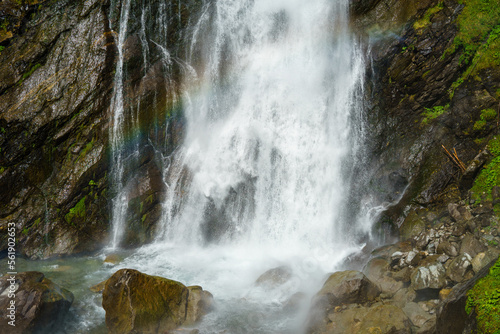 Detail of the waterfall Stuibenfall with a rainbow in Ötztal in Tyrol, Austria