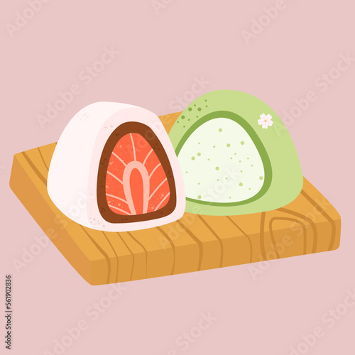 Beautiful mochi with strawberries and matcha. Spring daifuku. Traditional Japanese sweets. Asian desserts. Stock vector illustration.