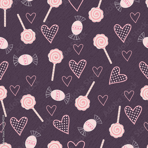 Candy and lollipops seamless pattern with heart, dots in purple color