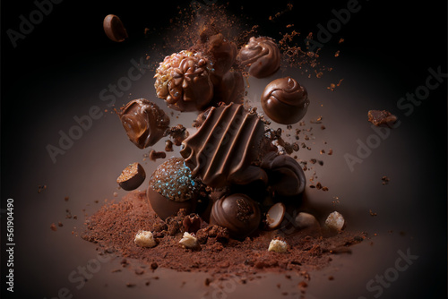 Bonbons in the middle of massive explosion of dark chocolate, particles and splashes, background dark, Generative ai