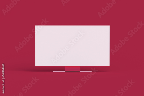 Flat wide TV of magenta with white isolated screen on red background. Color of the year 2023. 4k blank monitor. Widescreen for presentation. lcd wall panel. 3d render