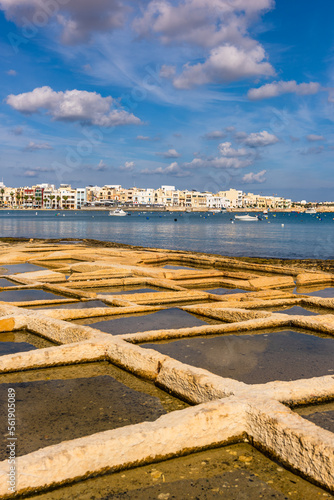 Salt pans on the beach in Marsaskala , Malta