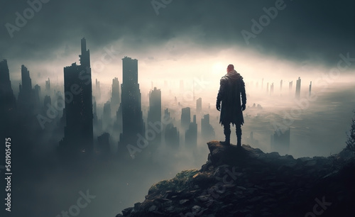 Futuristic man with his back to the viewer. Back view of a man. Dystopian city with the silhouette of a survivor overlooking the desolate destroyed skyline.