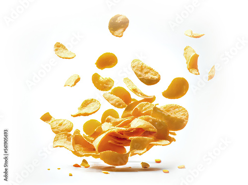 Flying potato chips on a white