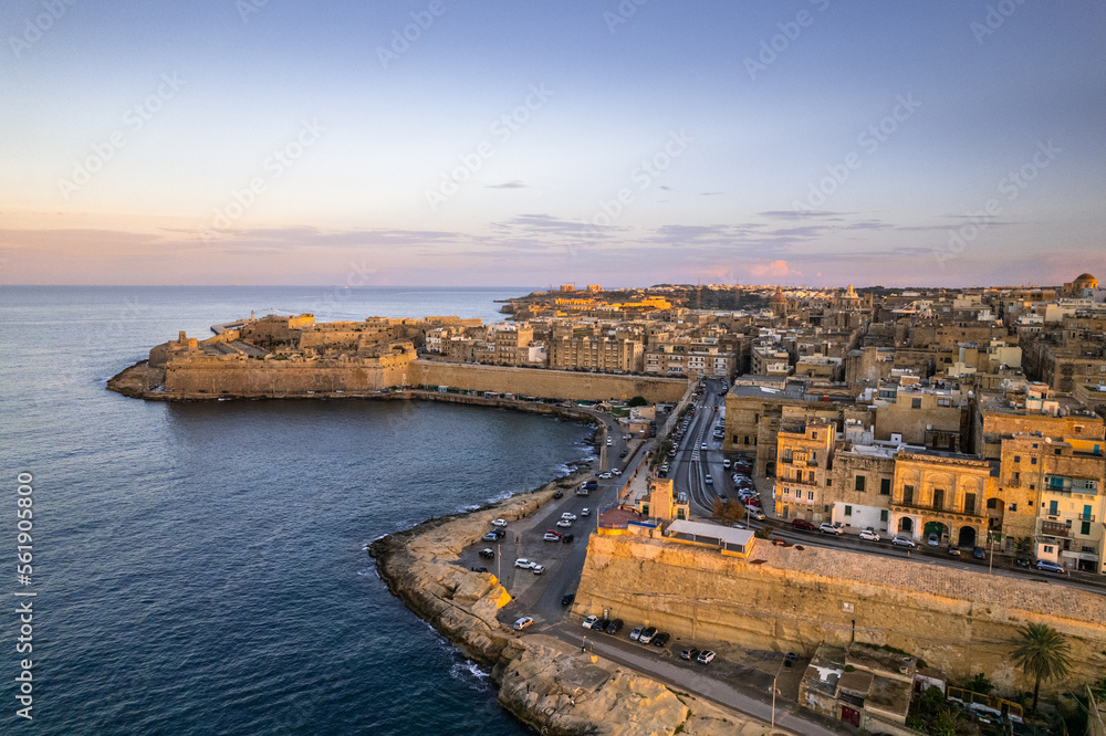 Valletta, Malta aerial drone view at old town at sunset