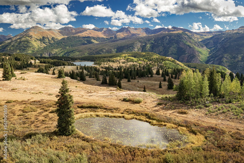 Meadow ponds in Colorado's Rocky Mountains during autumn.