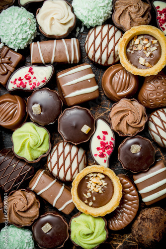 Chocolates candies with different fillings.