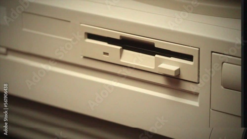 Vintage Retro PC, Using cd diskette for old computer. Music recorder, playing retro computer games. Vintage device for office, obsolete technology. 