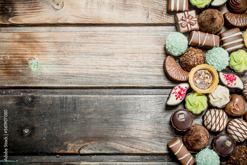 Chocolate sweets with nuts and various fillings.