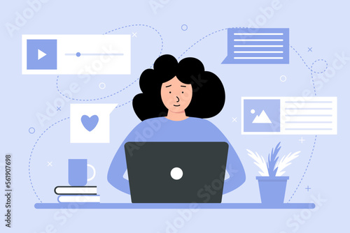 Content manager at work. Female multitasking skill concept. Freelance worker busy with email marketing analysis