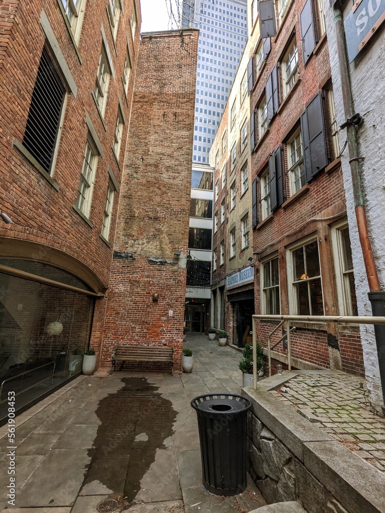 Historical buildings and courtyard in South Seaport, Manhattan, New York - January 2023